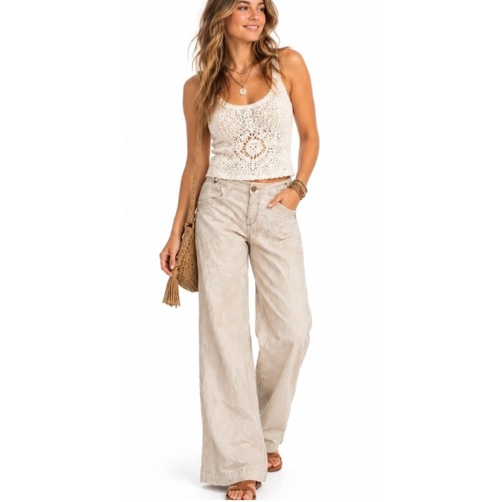 Anthropologie Hei Hei Wide Leg Flare Pants S 6 Natural Linen Blend Cargo Boho